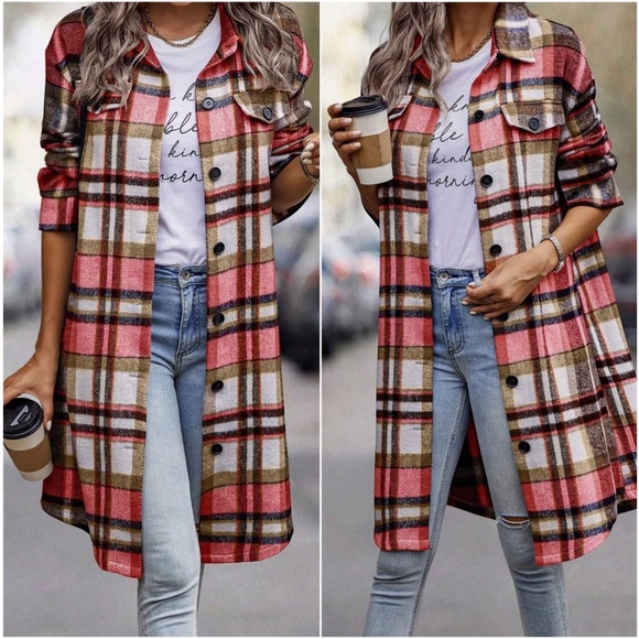 Cozy Plaid Print Button Down Oversized Long Jacket Shacket - Picture 1 of 7